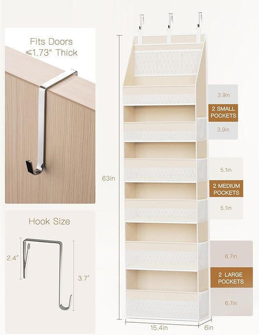 Criusia 2 Pack Over the Door Organizer, 6-Shelf Closet Hanging Storage with 13 Mesh Pockets, 55lbs Capacity Behind the Door Storage for Baby Nursery, Bathroom, Bedroom, and Dorm, Beige