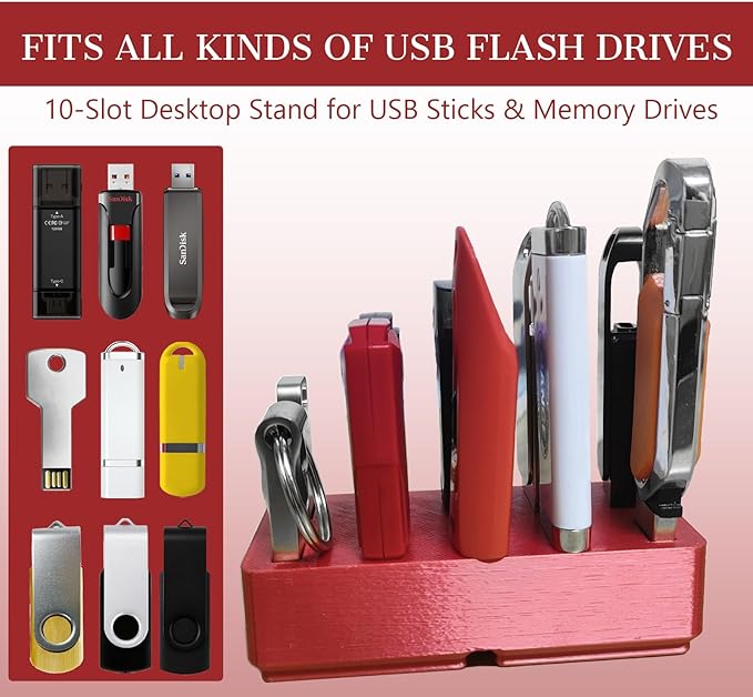 JBOS 10-Slot USB Flash Drive Holder Stand, Desktop Organizer Rack for Memory Sticks, Jump Drives & Electronic Accessories, Office Desk Storage, Red