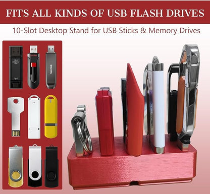 JBOS 10-Slot USB Flash Drive Holder Stand, Desktop Organizer Rack for Memory Sticks, Jump Drives & Electronic Accessories, Office Desk Storage, Red