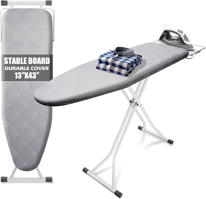 SheeChung Ironing Board 13"x43",Compact Ironing Board with Iron Rest,Folding Iron Board for Small Space,Heat Scorch Resistant Cover,Sturdy Metal Frame,7 Adjustable Height,Standing Ironing Table,Grey