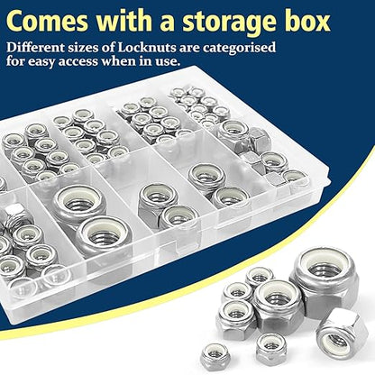 113PCS Locknuts Assortment Kit, 6#32 8#32 10#24 10#32 1/4-20 5/16-18 3/8-16 1/2-13 SAE Lock Nuts, 304 Stainless Steel Nylon Insert Hex Lock Nuts, Hex Drive