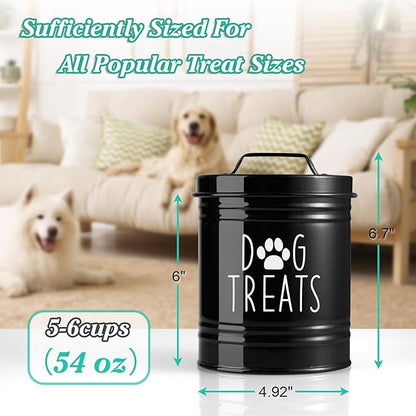 Small Dog Treat Container Airtight - 6" Tall X 4.9" Round Black Dog Treat Jar for Kitchen Counter - Rustic Treat Storage Canister for Dogs, Cats, Small Animals - Gifts for Pet Owners
