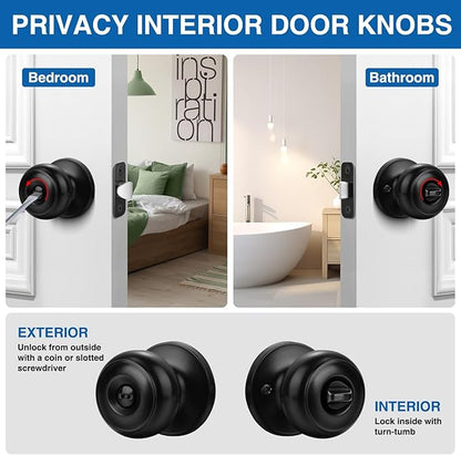 Sopoby Privacy Door Knob, 6 Pack Matte Black Round Keyless Doorknobs Interior/Exterior Lockset, Privacy Locking Door Knobs for Bedroom/Bathroom, Black Modern Design Door Hardware