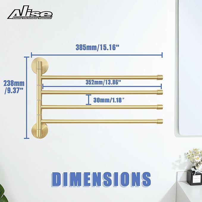 Alise Swing Out Towel Rack,Folding Hand Towel Bar 4 Bars Arm Towel Holder Towel Hanger for Bathroom Wall Mount,Space Saving Towel Rail,SUS304 Stainless Steel Brushed Gold