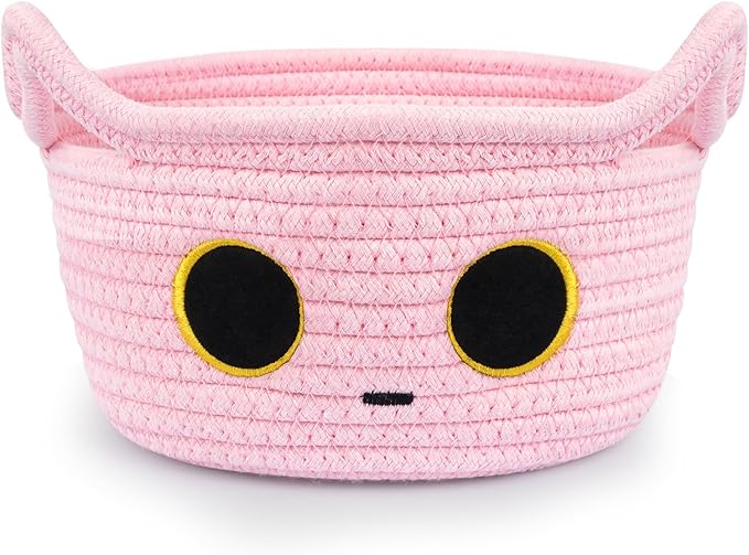 Small Storage Cat Basket, Pinks Cotton Rope Woven Basket for Nursery With Ears Toy Organizer Baskets for Gift, Cat Dog Bin Toys 8.5×4.5 inches