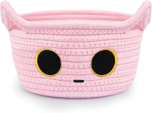 Small Storage Cat Basket, Pinks Cotton Rope Woven Basket for Nursery With Ears Toy Organizer Baskets for Gift, Cat Dog Bin Toys 8.5×4.5 inches