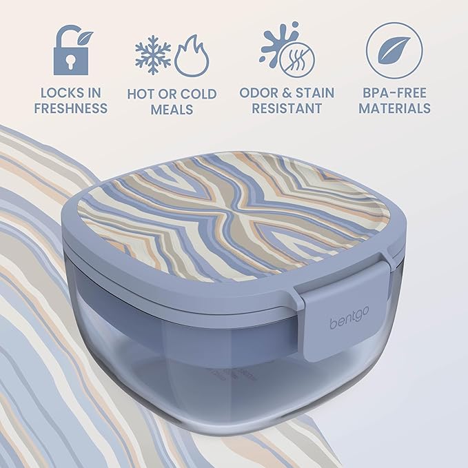 Bentgo Glass Prints Salad Container - 7.6-Cup Tinted Glass Salad Bowl with Airtight Lid, Leak-Proof Sauce Container, 4-Compartment Bento Meal Prep Tray & Reusable Fork (Wildly Chic - Soft Blue)