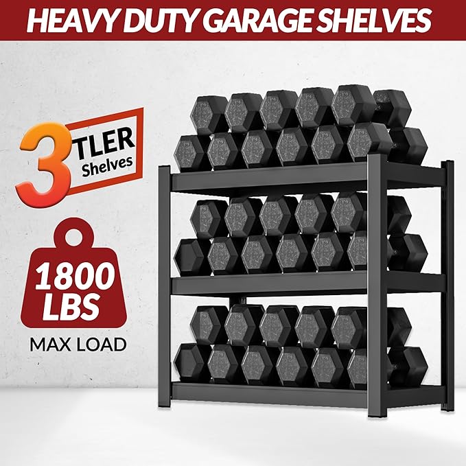 Shelving Units and Storage, 1800LBS Garage Storage Shelves, 3 Tier Shelving Unit, Steel Industrial Shelving, Adjustable Standing Shelf for Garage, Home, Warehouse 36" H x 36" W x 16" D, Black