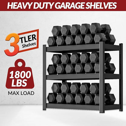 Shelving Units and Storage, 1800LBS Garage Storage Shelves, 3 Tier Shelving Unit, Steel Industrial Shelving, Adjustable Standing Shelf for Garage, Home, Warehouse 36" H x 36" W x 16" D, Black