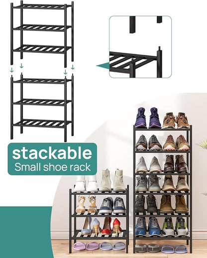 Small Shoe Rack for Entryway,3-Tier Black Bamboo Shoe Organizer for Hallway Closet, Free Standing Shoe Racks for Indoor Outdoor