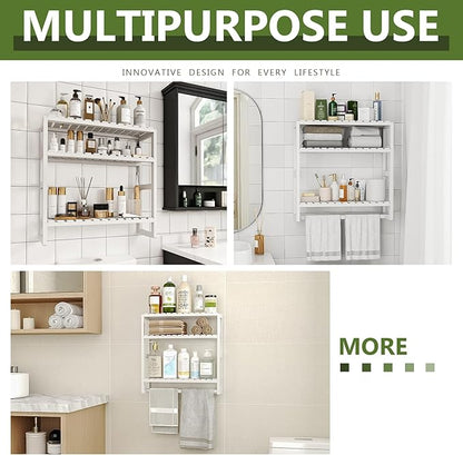 Over The Toilet Storage Bathroom Shelves Wall Mounted 3 Tier Space Saver Corner Shelf Organizer Bamboo Towel Rack Toilet Paper Cabinet with Hanging Rod White