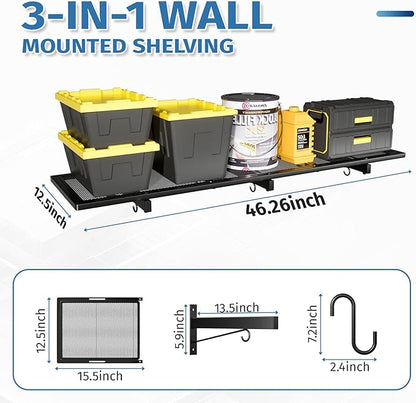 2 Pack Garage Wall Shelving,46"X 12.5" Garage Shelving Wall Mounted,Heavy Duty Garage Storage Rack with 8 Hooks,320 LBS Capacity,Black Metal Floating Organizer Shelves for Laundry,Warehouse (2)