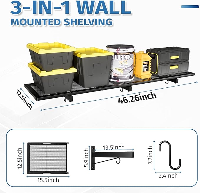 Garage Wall Shelving,46"X 12.5" Garage Shelving Wall Mounted,Heavy Duty Garage Storage Rack with 4 Hooks,160 LBS Capacity,Black Metal Floating Organizer Shelves for Laundry,Warehouse (1)