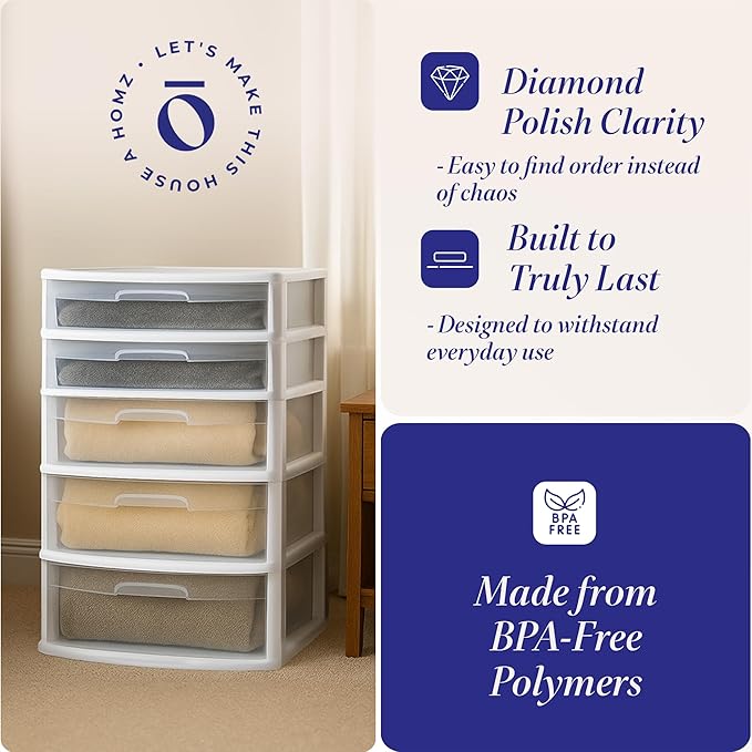 HOMZ Drawer Tower, 5-Tier Extra-Wide Clear Plastic Storage Organizer Cart, White Frame - Organizing Containers for Home, Office, Bathroom, Bedroom, and Classroom