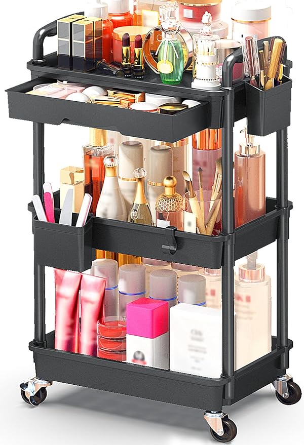 Makeup Cart Organizer with Drawers, Floor Skincare Organizers Vanity Storage Organizer, Rolling Makeup Bathroom Storage Cart Cosmetics Display Cases for Skin Care Perfume Nail Polish, Black