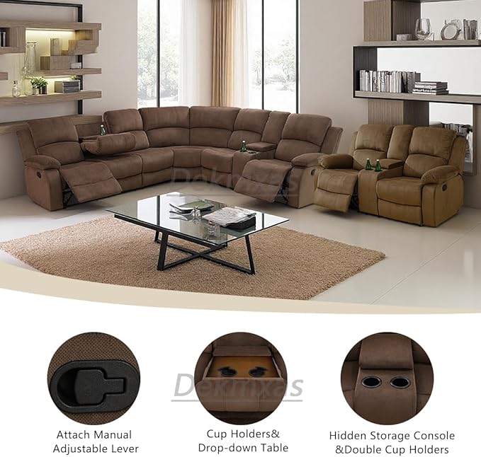 4 Pieces Living Room Furniture Sets, Manual Recliner Sectional Sofa Set with Storage, Brown Corduroy Fabric Sectional Sofa with Cup Holder and Drop-Down Table for Living Room, Office