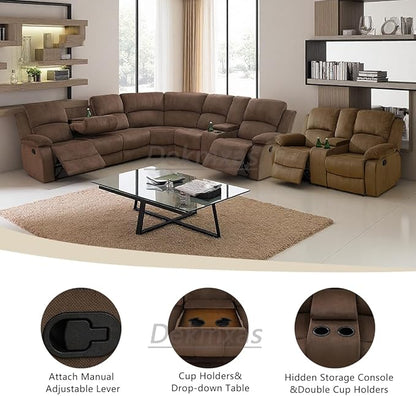 4 Pieces Living Room Furniture Sets, Manual Recliner Sectional Sofa Set with Storage, Brown Corduroy Fabric Sectional Sofa with Cup Holder and Drop-Down Table for Living Room, Office