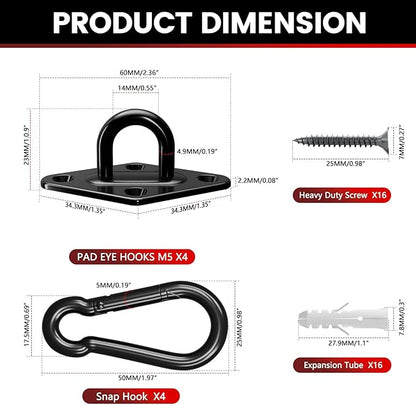 sprookber 304 Stainless Steel Pad Eye Snap Hooks, M5 Heavy Duty Ceiling Hooks, 500 lb Capacity Hammock Swing Hanging kit, Plant Hangers, Marine Hardware Staple Hook Loop with Screws, Set of 8(Black)