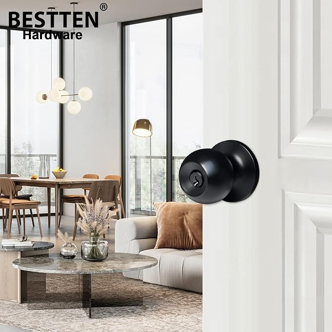 BESTTEN Keyed Entry Door Knob, Entrance Door Lock, Standard Ball, All Metal, Matte Black