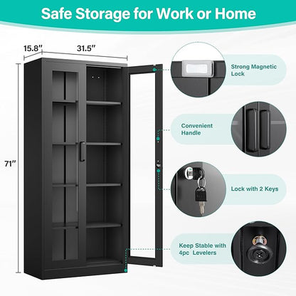 Metal Storage Cabinet with Lock and Glass Doors,Glass Display Cabinet,Black Storage Cabinets,Locking Curio Cabinets with 5 Shelves for Collectibles,Home,Office,Living Room