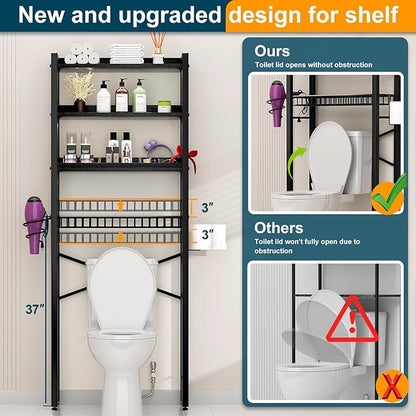 Over The Toilet Storage Cabinet,4 Tier Bathroom Organizer and Storage With Adjustable Shelf Waterproof Feet Pad and Basket Multifunctional Space Saver Freestanding Bathroom Shelves With Dividers Black