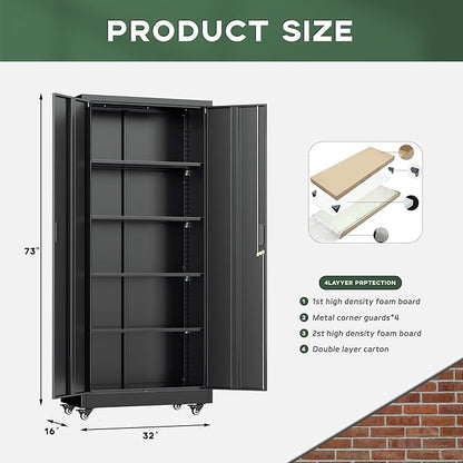 Greenvelly 73" Rolling Storage Cabinet,Black Metal Garage Cabinet with Locking Doors and 4 Adjustable Shelves for Home,Kitchen,Office,Warehouse(32" W x 16" D,Wheels)