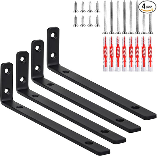 L Bracket 4 Pack, Heavy Duty L Shelf Bracket, 8"×2"(200×50mm) Metal Floating Shelf Brackets with Screws & Fischer Anchors for Kitchen/Bedroom/Outdoor (8 inch)