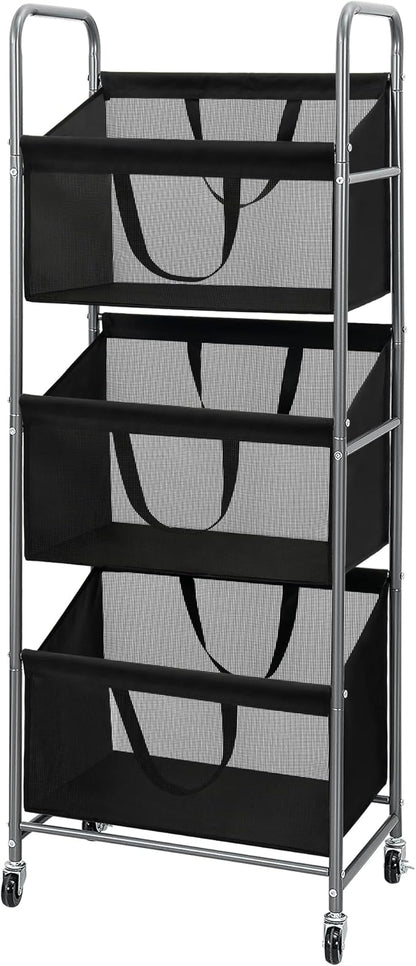 STO STO 3-Tier Vertical Rolling Laundry Hamper with Removable Bags, 120L Stackable Laundry Sorter Basket, Clothes Hamper with Wheels for Small Spaces, Closet, Bedroom, Bathroom, Laundry Room, Black