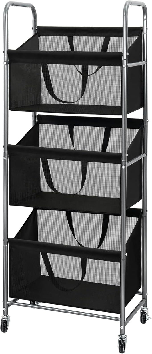 STO STO 3-Tier Vertical Rolling Laundry Hamper with Removable Bags, 120L Stackable Laundry Sorter Basket, Clothes Hamper with Wheels for Small Spaces, Closet, Bedroom, Bathroom, Laundry Room, Black