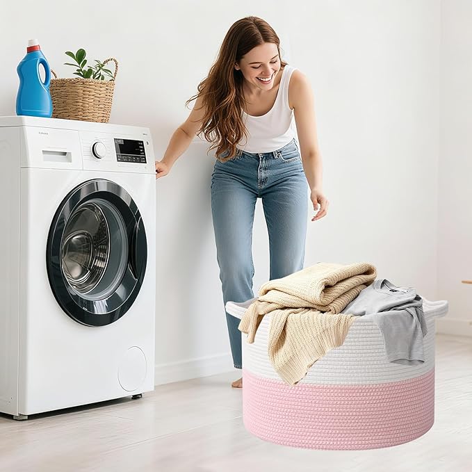 90L Large Blanket Basket,21.7"L x 21.7"W x 13.8"H Rope Woven Baskets with Handles, Toys Storage Bins,Laundry Basket Perfect for Living Room, Nursery,Bedroom,Home Organization,White&Pink
