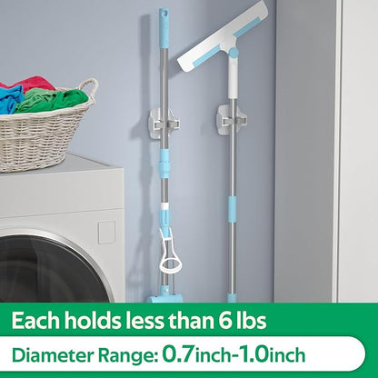 reliahom 10 Pack Broom Holder Wall Mount Mop Grippers No Drilling Self Adhesive Anti-Slip Mop Handle Hanger Dustpan and Broom Organizer Garage Storage Racks-White