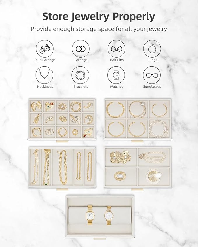 Vlando 6 Layer Large Jewelry Box - Jewelry Holder Organizer, Jewelry Box Organizer for Drawer Necklace Ring Bracelet and Watch, Birthday Gift for Loved Ones - Beige