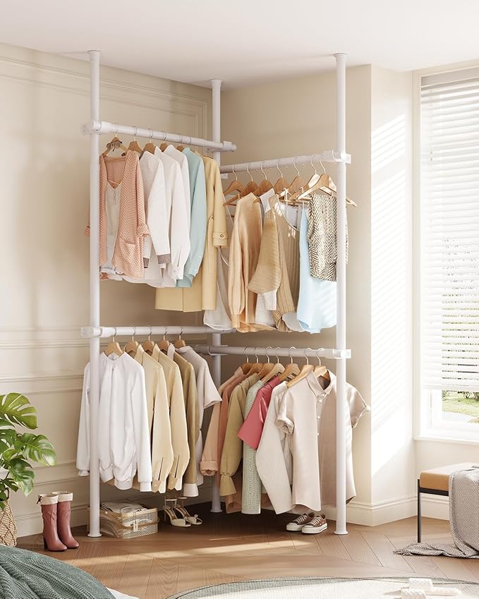 Floor to Ceiling Clothes Rack, Heavy-Duty Telescopic Garment Rack, 43–122in Height & 30–47in Width, 220lbs Total Load Capacity, 4-Pole, White