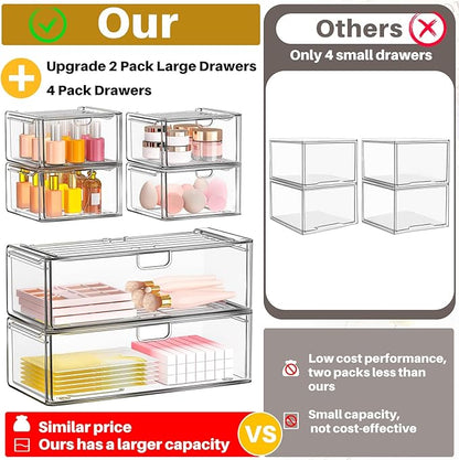 Acrylic Storage Drawers Set of 6, Clear Makeup Organizer, Plastic Organizer Bins for Beauty Supplies,Ideal for Vanity, Bathroom,Cabinet,Pantry Organization
