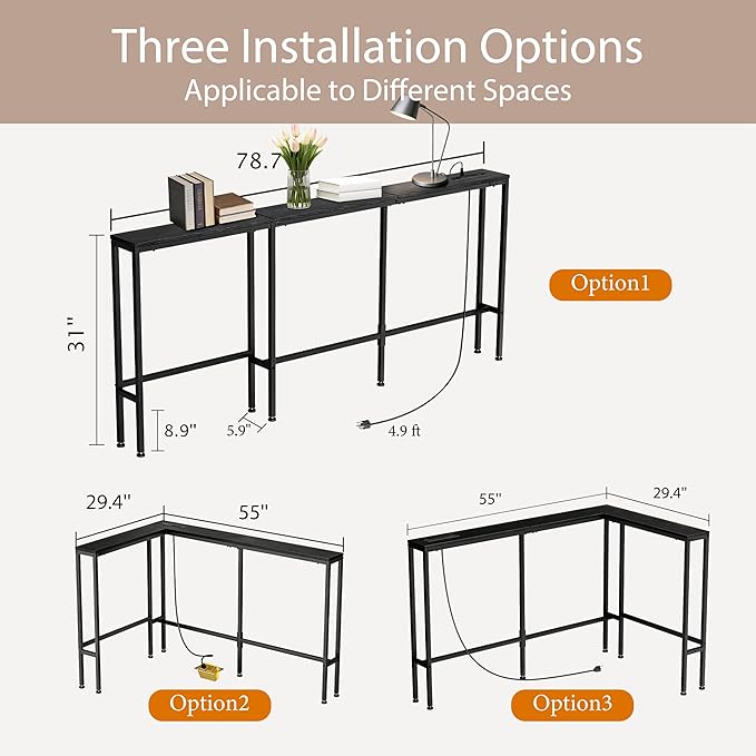 78" Narrow Console Sofa Table with Power Outlets & 2 USB Ports, L Shaped Behind Couch Table Skinny, 3 Assembly Options Entryway Tables with Charging Station for Living Room, Hallway, Black, 78IN