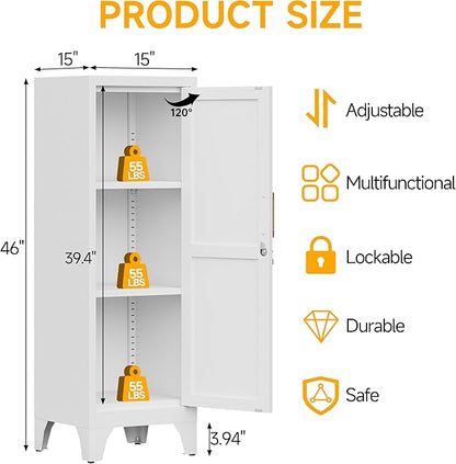 46"H White Metal Pantry Cabinet with 1 Lockable Door and 2 Adjustable Shelves, 3 Tier Small Storage Cabinet with Detachable Legs and Vintage Handle for Kitchen,Home Office,Gym,School,Easy Assembly