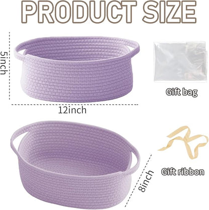 Woven Basket,Small Rope Storage Bin with Handles & Ribbon Bag, Organizer for Shelves Closets,Gift Basket Empty for Birthday,Books,Dog Toys, Purple