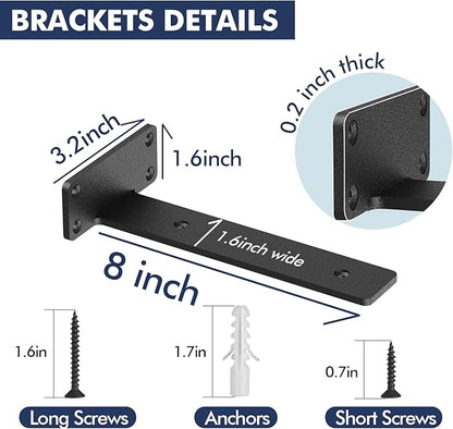 8 Pack Floating Shelf Brackets, 8 Inch Heavy Duty Industrial Shelf Bracket, Black Metal L Brackets for Shelves Support DIY(1/5 Inch Thicked)