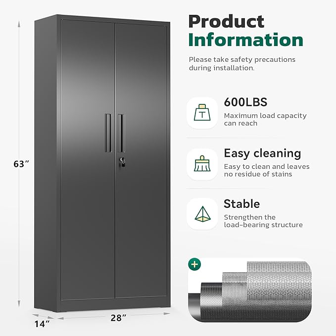 Greenvelly Metal Cabinet, 63”Tall Kitchen Pantry Storage Cabinets with 2 Lock Doors and 4 Adjustable Shelves,Black Kitchen Cabinet Storage for Dinning Room,Garage,Office