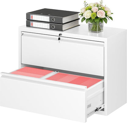 Bonusall File Cabinet, Lateral Filing Cabinet, 2 Drawer Metal File Cabinet with Lock, Lockable Filing Cabinet for Home Office, Hanging Files Letter/Legal/A4/F4 - White