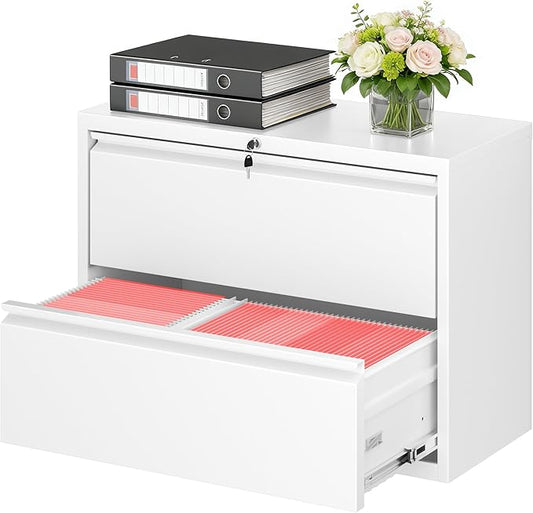 Bonusall File Cabinet, Lateral Filing Cabinet, 2 Drawer Metal File Cabinet with Lock, Lockable Filing Cabinet for Home Office, Hanging Files Letter/Legal/A4/F4 - White