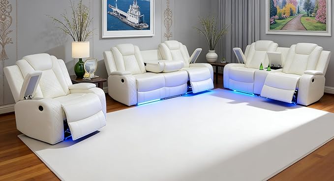 Power Reclining Sofa Couch Set with Drop-Down Table, 3PC Creamy White Leather Recliner Couch Sets, Living Room Furniture Sets, Recliner Sofa with Storage Console/Cup Holder for Home/Apt/Office