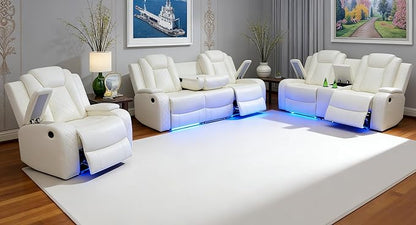 Power Reclining Sofa Couch Set with Drop-Down Table, 3PC Creamy White Leather Recliner Couch Sets, Living Room Furniture Sets, Recliner Sofa with Storage Console/Cup Holder for Home/Apt/Office