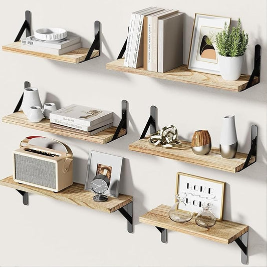 AMADA HOMEFURNISHING Wall Shelves Set of 6, Rustic Farmhouse Style, Wood Floating Shelves for Wall Decor, Bathroom & Bedroom Storage, Living Room Book Shelves, 6pcs