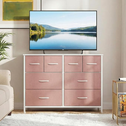 DUMOS TV Stand, Dresser with 8 Fabric Drawers, Spacious Storage Tower for Closet, TV Stand with Wood Top and Mental Frame, Storage Unit for Living Rooms, Bedroom and Entryway, Pink