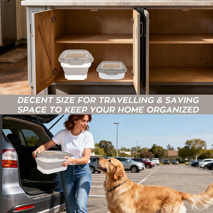 Dog Food Storage Container 10-13lb, Collapsible Pet Food Container with Airtight Lid, Plastic Cat Food Containers Dry Food with Dog Food Scoop and Measuring Cup (Khaki)