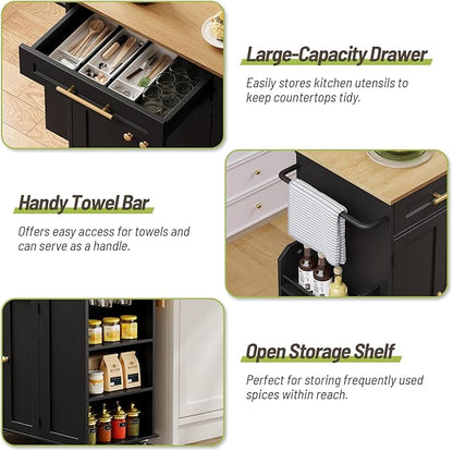 Kitchen Island with Storage, Rolling Kitchen Table with Drop Leaf, Charging Station, 3 Open Adjustable Shelf & Drawer, Towel Rack, Mobile Kitchen Cart for Dining Room, Black and Natural