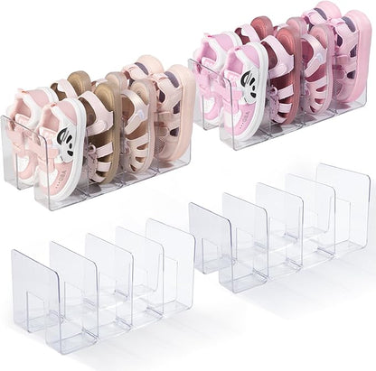 2PACK Clear Acrylic Kids Shoe Rack for Closet Organizers and Storage, Small Clear Shoe Rack 4 Sections Toddler Baby Shoe Storage Organizer Stackable Shoe Shelf,Desk File Sorter Book Purse Organizer