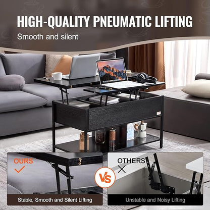 VEVOR 4-in-1 Lift Top Coffee Table, Multi-Function Convertible Coffee Table with Storage and Hidden Compartment, Farmhouse Center Table with Power Outlet & USB & LED Light for Living Room, Home Office