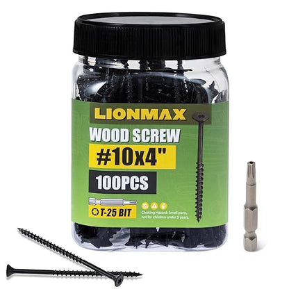 LIONMAX Deck Screws 4 Inch, Wood Screws #10 x 4, 100 PCS, Rust Resistant, Exterior Epoxy Coated, Outdoor Decking Screws, Torx/Star Drive Head Screw, T25 Star Bit Included, Black